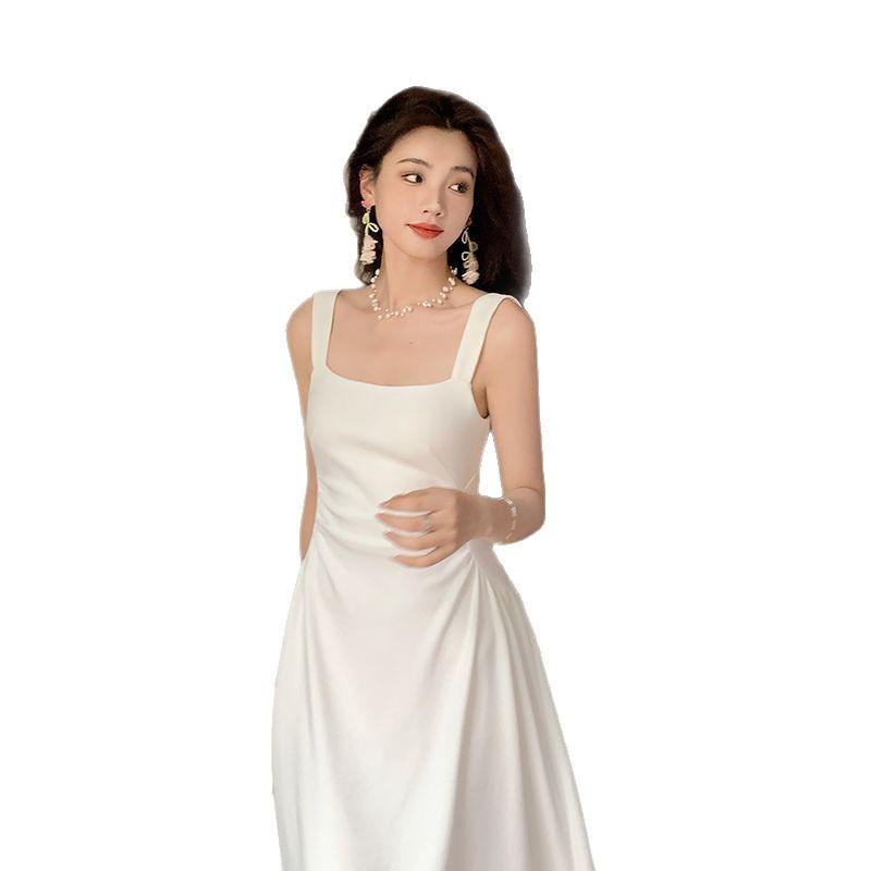 French Wind Pleated Design Suspender Dress Women's Summer Pure Desire Wind Waist Thin a Word Sleeveless Long Dress