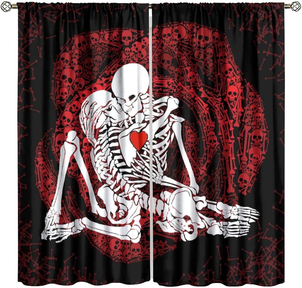 Gotische Rose Skelett Vorhänge Romantisch Schwarz Rot Abstrakt Knochen Floral Küssend Menschliches Schädel Heimdekoration Vorhänge Vorhang Vintage Polyester Mit Stangentasche