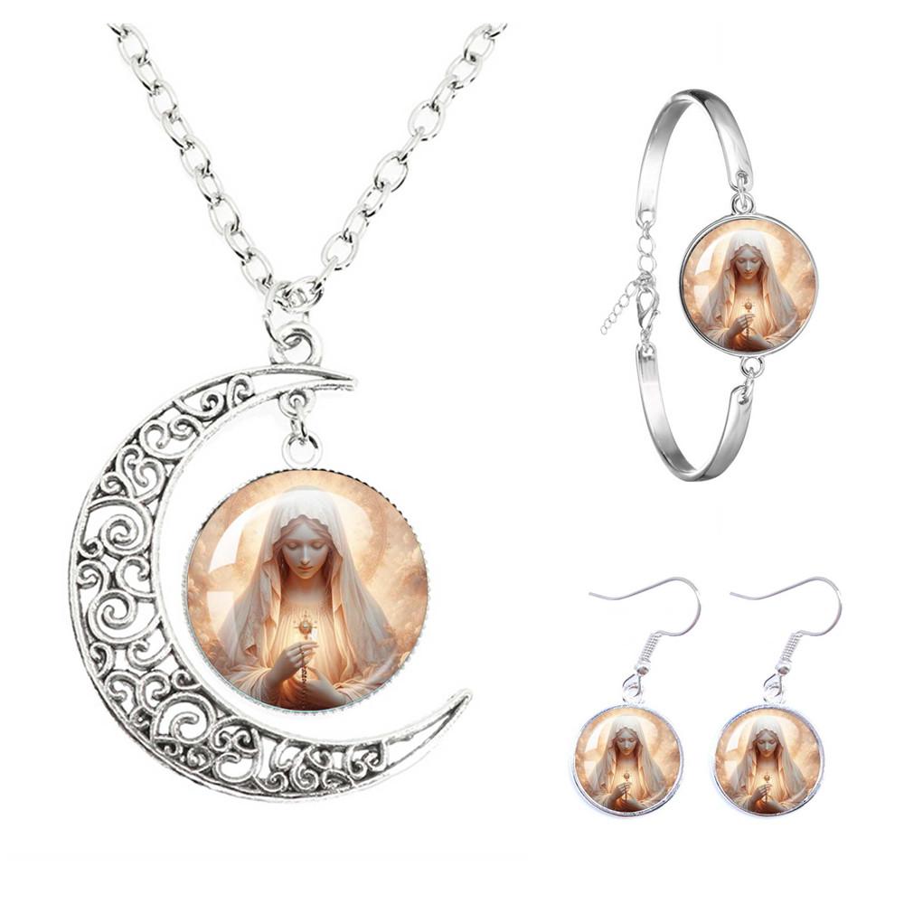 Virgin Mary And Baby Jesus Catholicism The Moon Necklace Earrings Bracelet Set Religious Glass Cabochon Pendant Gift Jewelry