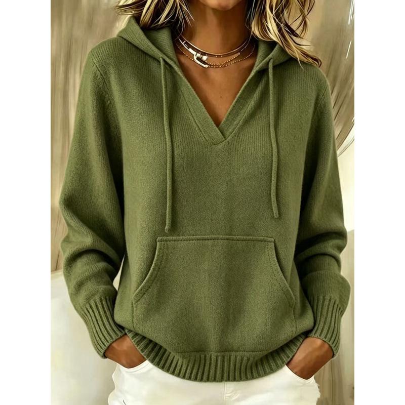 Women's European Style Knit Hoodie with Drawstrings, Autumn/Winter Long Sleeve Sweater with Kangaroo Pocket, Solid Color Casual Fashion.