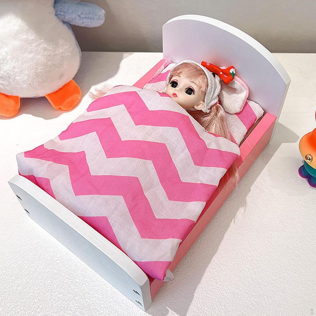 Dollhouse Miniature Bed for 1/12 BJD Dolls Photo Props Mini Simulation Wooden Furniture with Quilt,