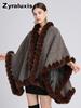 Women's Sherpa Fleece Poncho with Rabbit Fur Collar for Fall Winter Casual Wear