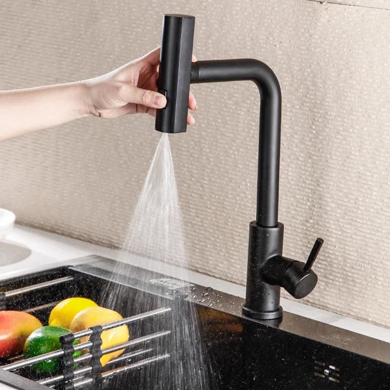 3 Modes Waterfall Faucet Stainless Steel Kitchen Faucets Single Handle Hot and Cold Mixing Tap Universal Rotation Pull Out Tap