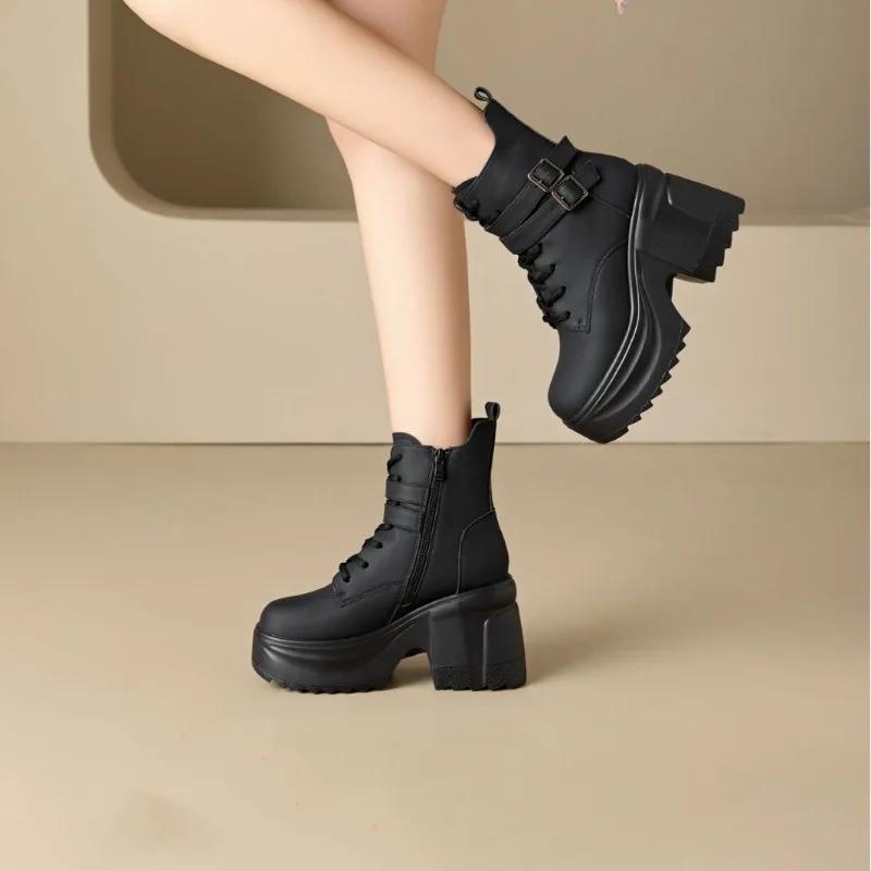 Fashion 10cm Microfiber Synthetic Women ZIP Chunky Heels Platform Booties Autumn Ankle Spring Ankle Motorcycle Thick Soled Shoes