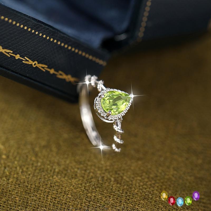 New Product Water Drop Natural Crystal Stone Olivine Colored Treasure Ring S925 Sterling Silver Niche Finger Ring Fashion Retro Jewelry Gift