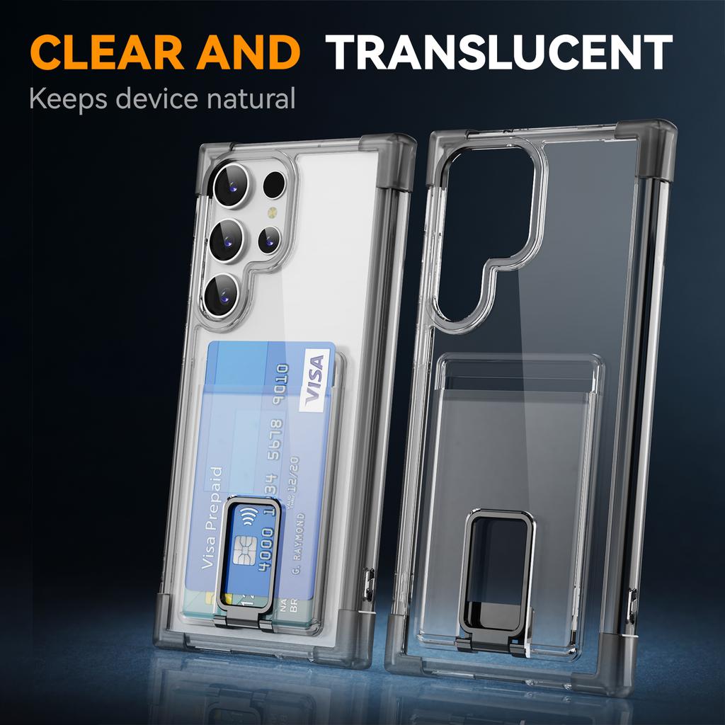Metal Stand Holder Card Slot Case For Samsung Galaxy S24 S23 S22 S21 Note 20 Ultra S24 Plus Full Clear Airbag Anti-knock Cover