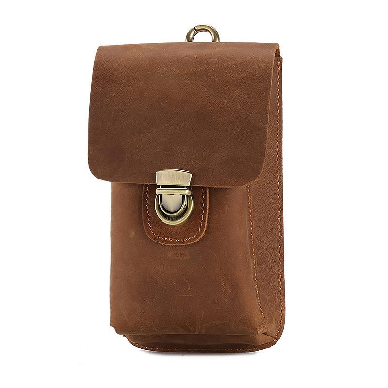 Genuine Leather Men's Bag, Retro Crazy Horse Leather Phone Bag, Vertical Cigarette Bag, Top Layer Cowhide Pants, Waist Small Hanging Bag