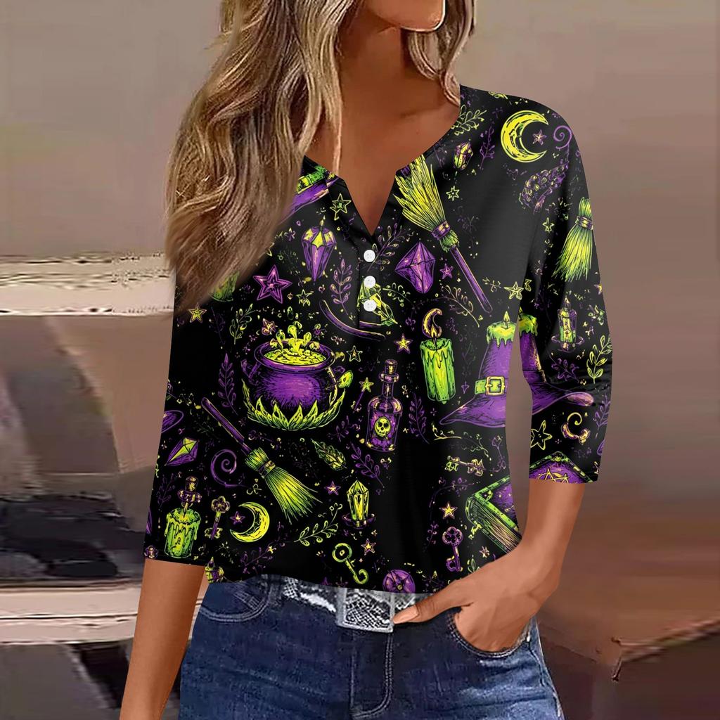 Women Casual Halloween Print V Neck 3/4 Sleeve Button Front Top Lightweight Soft Fabric Relaxed Fit Shirt