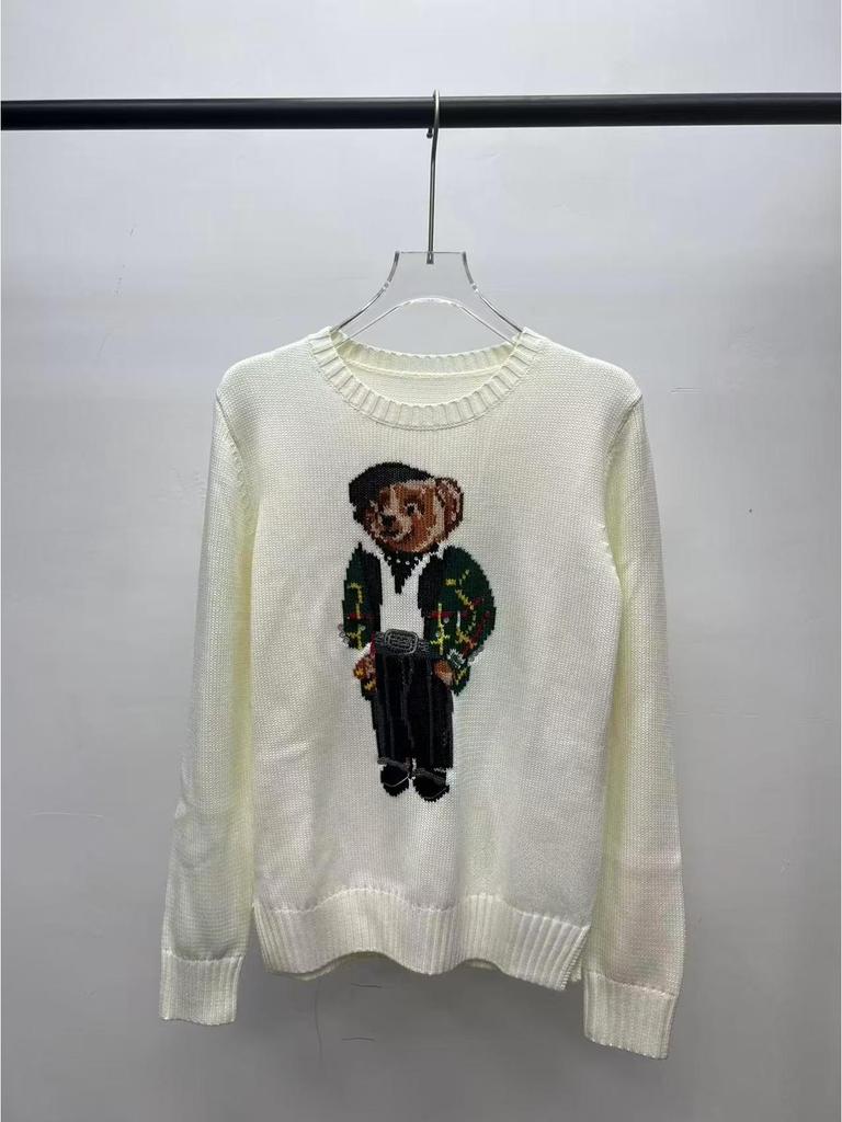 2025 R.L Wool Blend Cartoon Bear Round Neck Sweater - Women's Autumn/Winter Versatile Embroidered Style