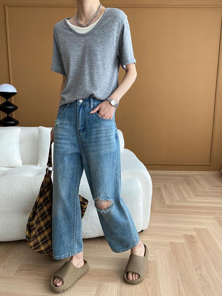 Sinan Casual Blogger Style Round Neck Two-Piece Knit T-Shirt (Short-Sleeved) - SN5531