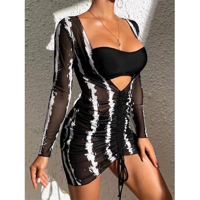 

Европейский и американский трехкомпонентный купальник высокого класса: Сексуальный раздельный купальник с накидкой с длинными рукавами и французским бандо S