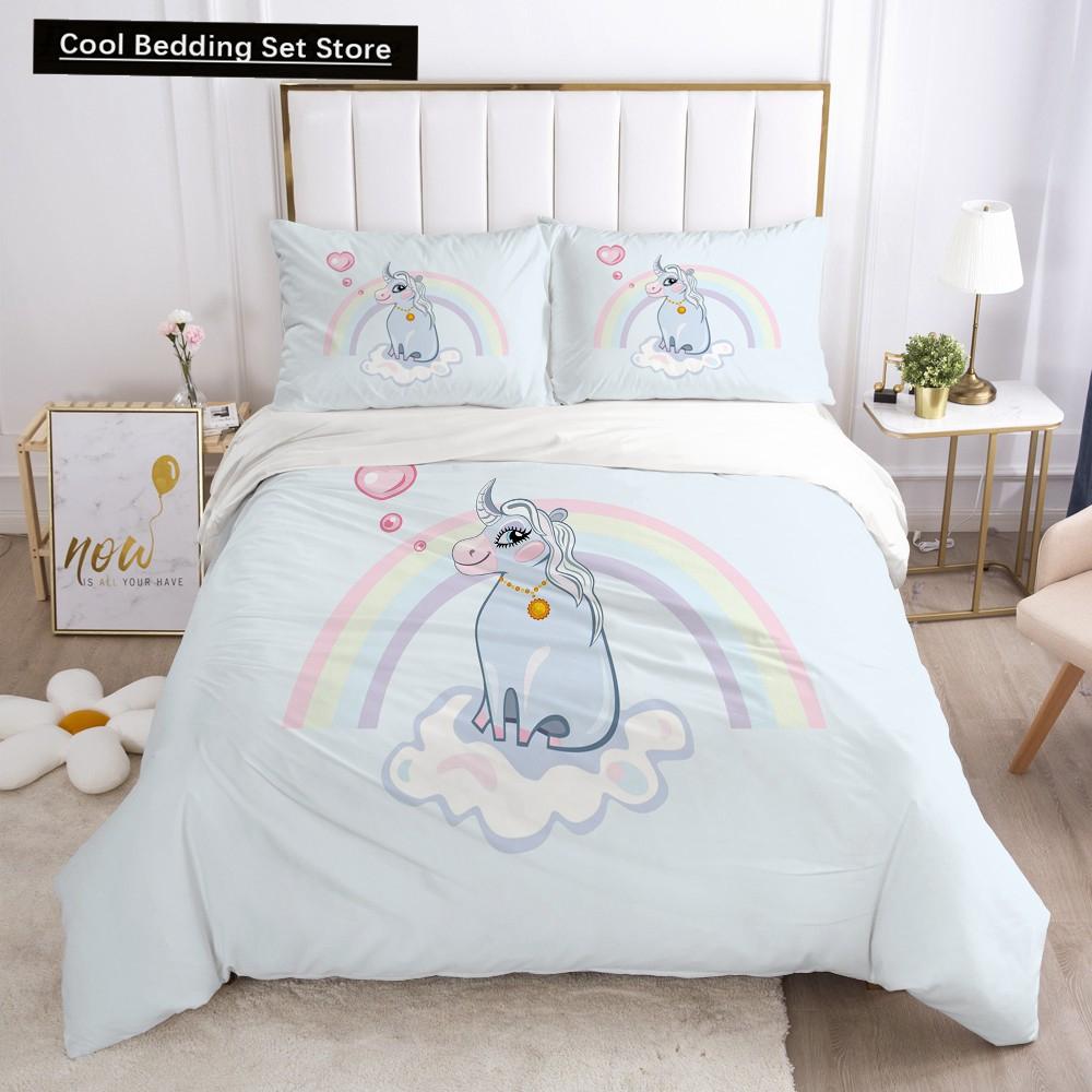 Children Kids Baby Pink Bedding Set Queen King Cartoon Unicorn White Duvet Cover Twin Full Colorful 2/3pcs Polyester Quilt Cover