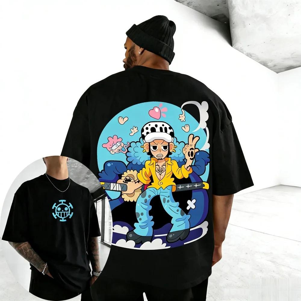 Stylish Oversized Black One Piece Trafalgar Law Chibi Anime Print Cotton Casual Short-Sleeve T-Shirt 4XL