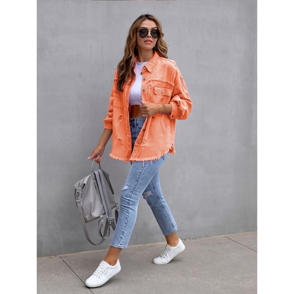Women's Point Collar Long Sleeve Distressed Denim Jacket Loose Fit Raw Fringe Button Down Shirt
