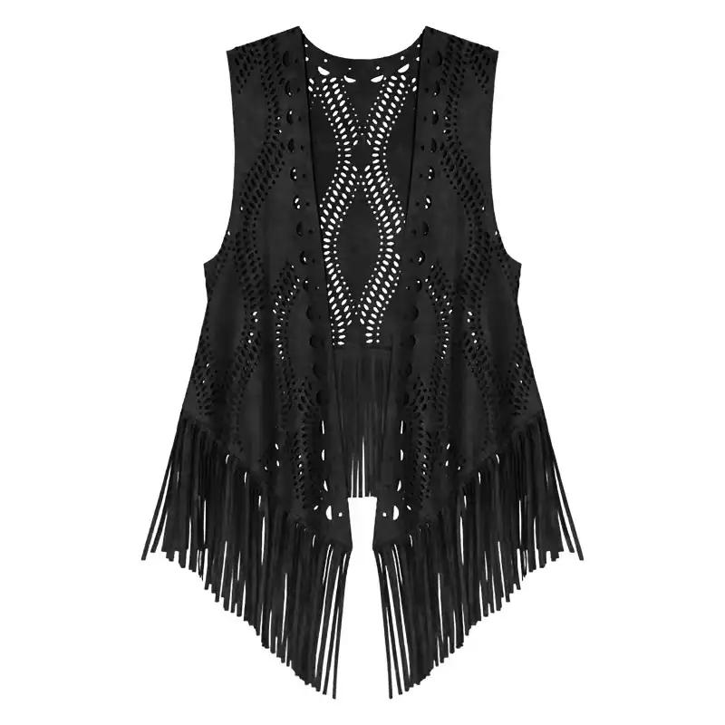 Western Cowboy Wandering Style Suede Tassel Hollowed Out Thin Style Camisole for Travel Paired with a Small Vest Women's ToP