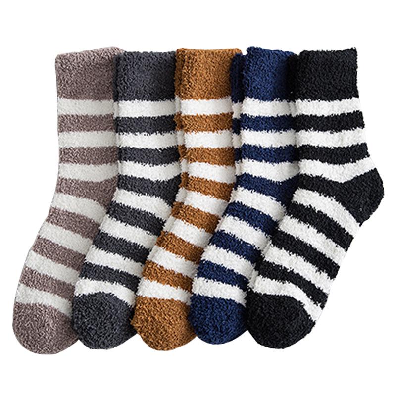 Herren Gestreifte Korallenfleece Mid-Calf Socken: Samt Dick, Warm, Nicht-Fusselnd, Bodenschlaf-Socken für Herbst/Winter