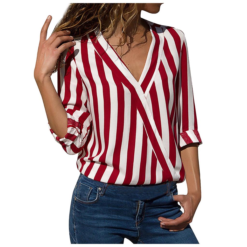 Casual Loose V-neck Striped Chiffon Long-Sleeved Women's Pullover Shirt