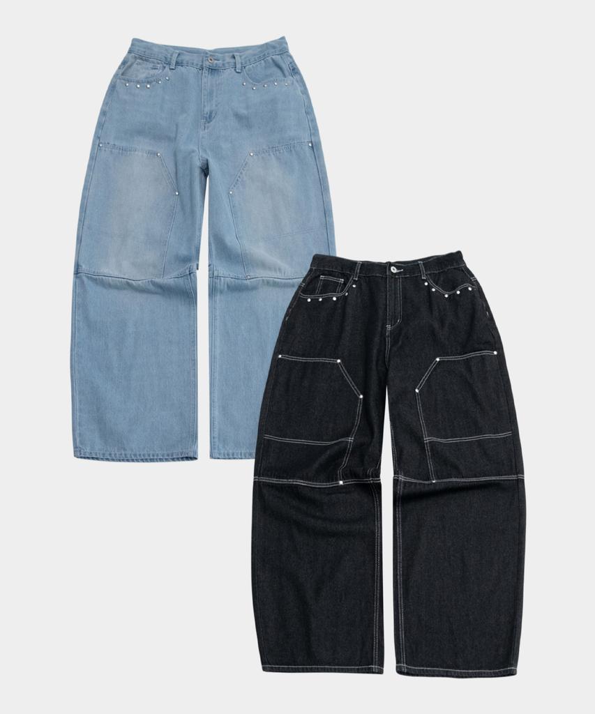 SOMEPLACE MAN Rivet Double Pocket Stitch Detail Oversized Wide Denim Pants _2 Colors