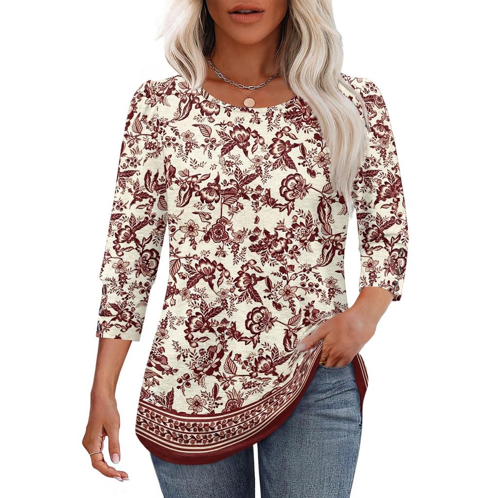 Damen Freizeit Oberteil Lockere Passform Dreiviertelarm Rundhalsausschnitt Bluse Leichter Bequemer Stoff Stilvolles Gemustertes Design