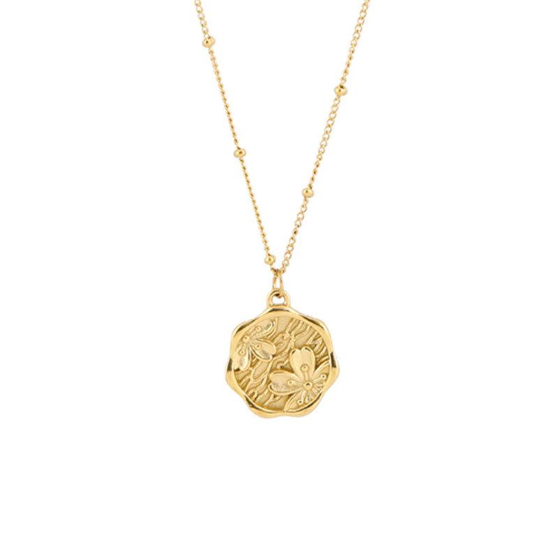 316L Edelstahl Goldfarbe Rundes Reliefblumen Anhänger Halskette Für Damen Mode Mädchen Kette Party Geschenke
