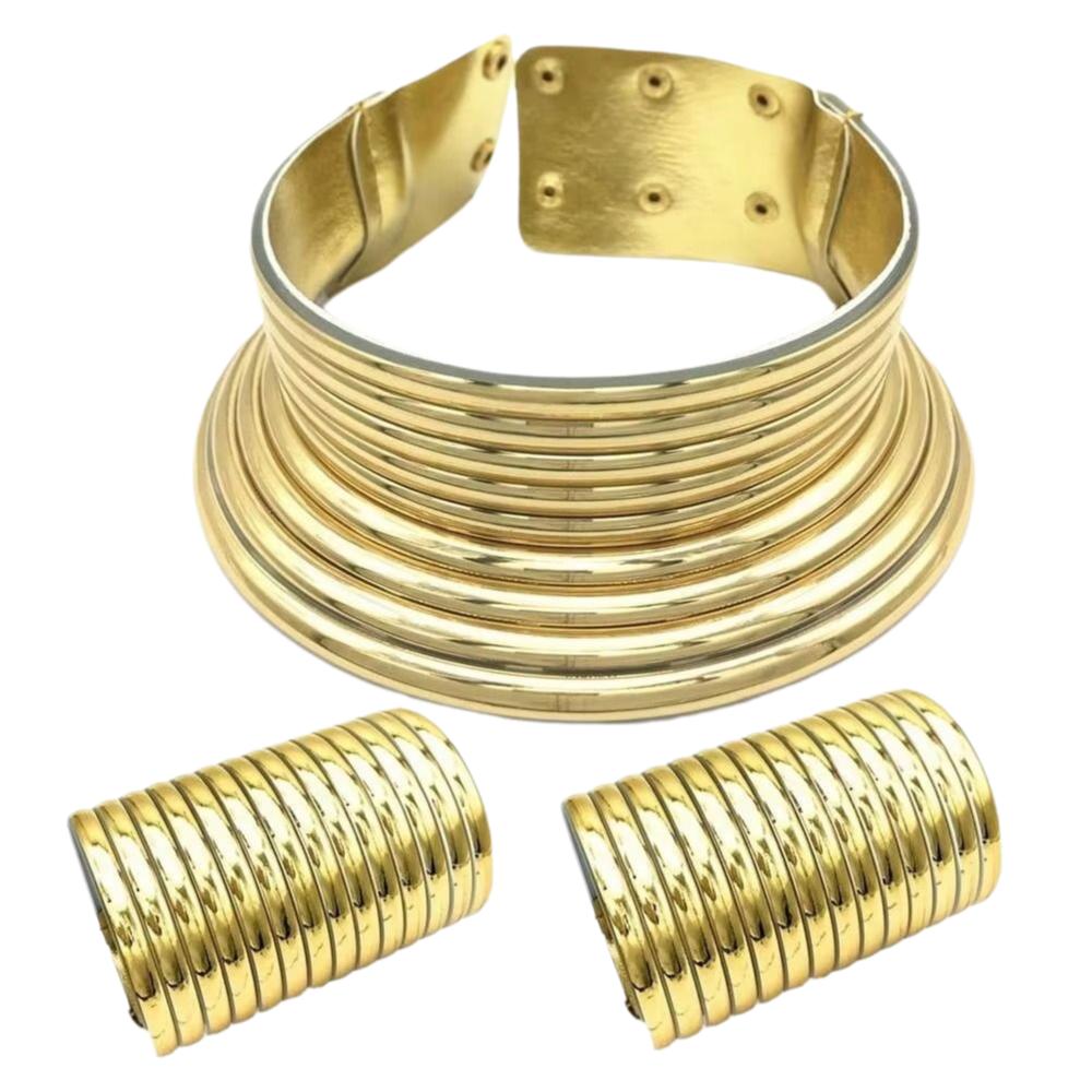 3 PCS Gold Silver African Collar Bracelet Set Large Exaggerated Fashion African Style Necklace Collar Set Adjustable PU Leather золотой