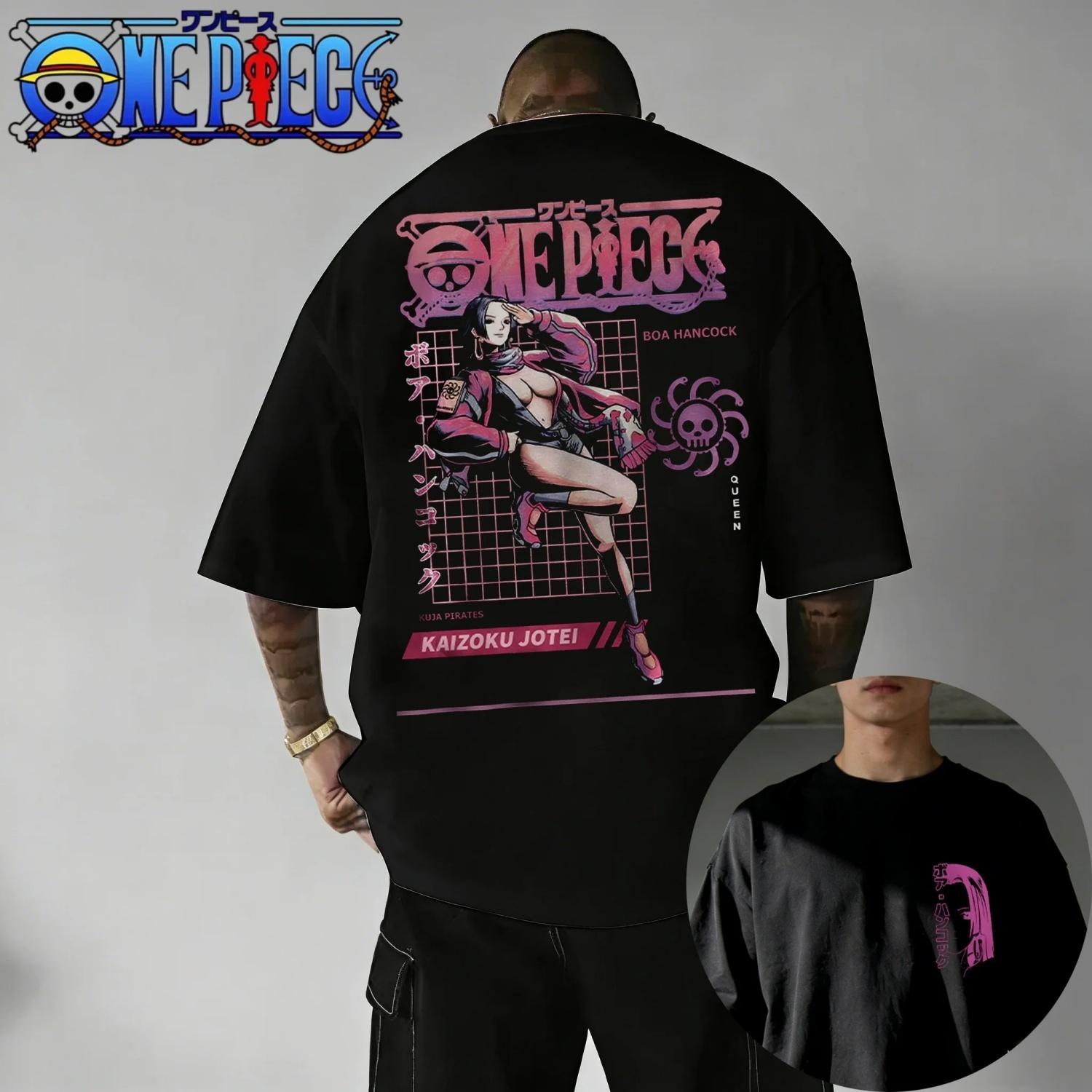 

2026 One Piece Boa Hancock Print Cotton Parent-child T-shirt Summer Anime Men Women Short-sleeved Retro Y2K Streetwear Tee Tops S чёрный