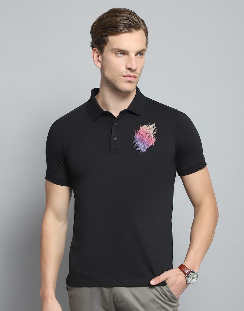 Monte Carlo Mens Printed Black Collar Neck Half Sleeve T-Shirt
