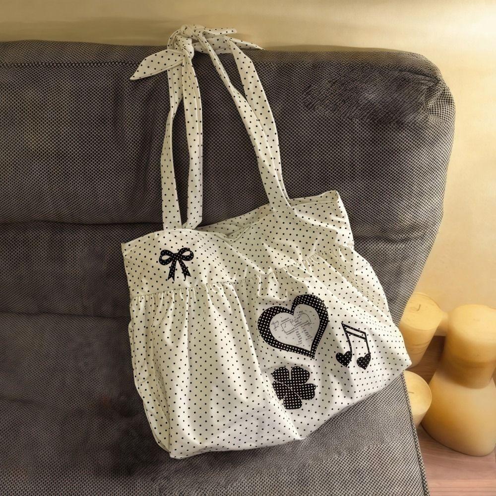 Fashion Canvas Shoulder Bag Polka Dot Print Large Capacity Lady Handbags Lightweight Solid Color Crossbody Bag Women