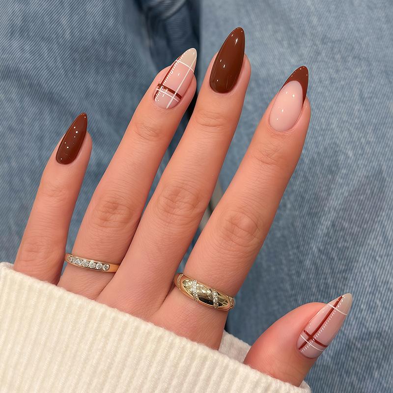 24Pcs Autumn Brown Almond Press On Nails Pink Bow Pearl Dot French Tip False Nails Art Manicure