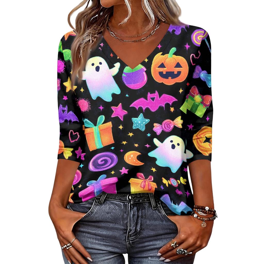 Women's Fashion Casual Halloween Print V-Neck Three-Quarter Sleeve Top