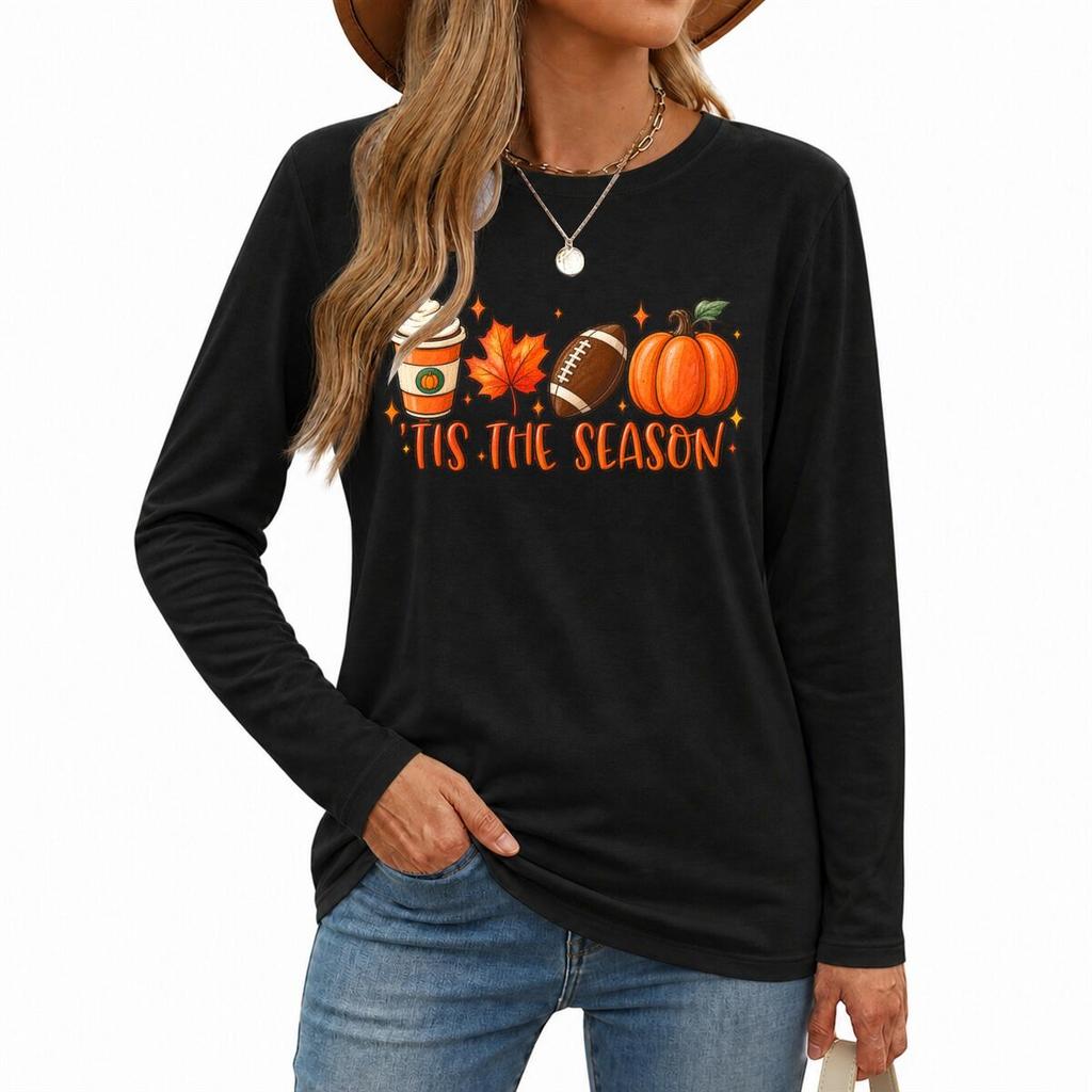 Women's Tis The Season Long Sleeve T-Shirt Pumpkin Spice Coffee Football Maple Leaf Fall Graphic Tee Thanksgiving Tshirts