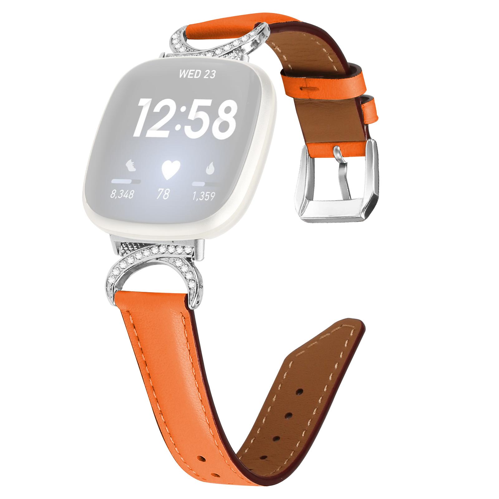 

For Fitbit Versa 3/Versa 4/Sense/Sense 2 Rhinestone D-shape Connector Wrist Band Split Leather Watch Strap with Silver Buckle Orange