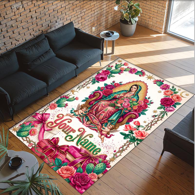 Virgin Mary Theme Crystal Velvet Rug Personalized Custom Name Text Soft Floor Mat Home Decor