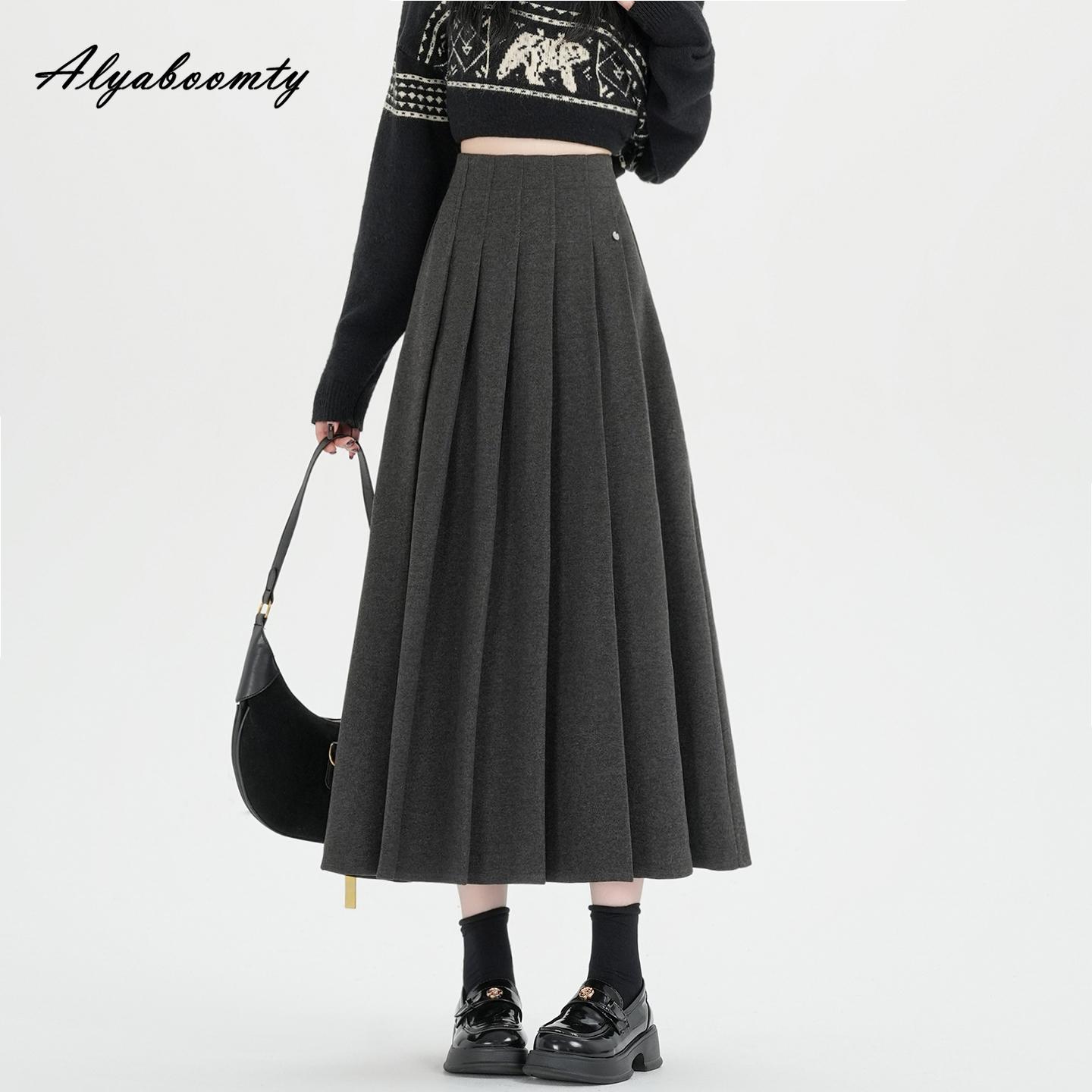 

Юбка плиссе в корейском стиле осенне-зимняя женская с высокой талией черная серая шерстяная юбка элегантная теплая толстая шерстяная юбка женская One Size серый