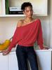 European and American women's clothing autumn ins new fashion solid color slanted shoulder long-sleeved pleated navel top T-shirt women
