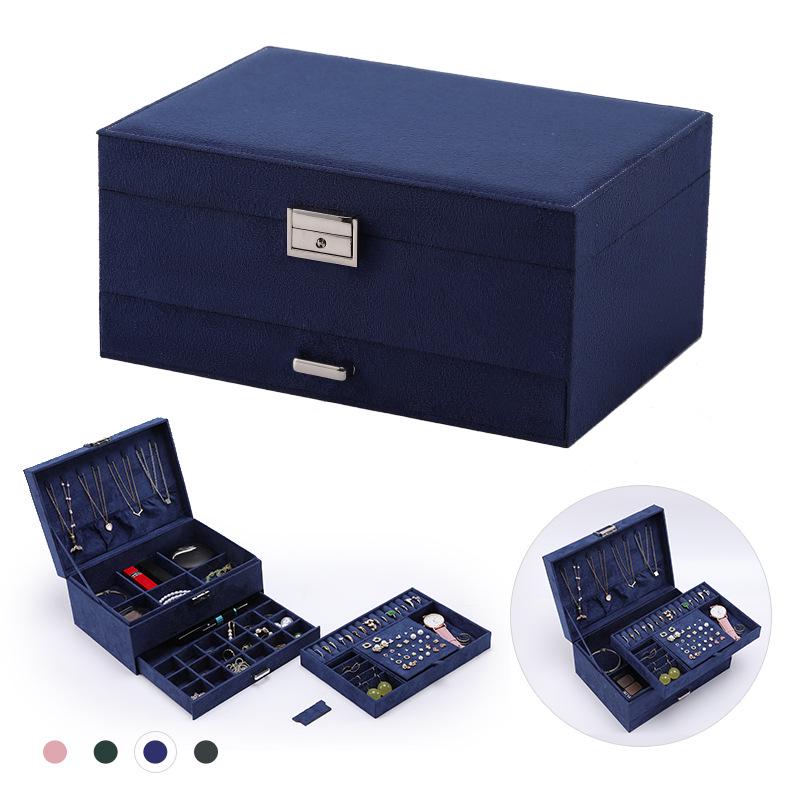 

Velvet Jewelry Box: Three-Layer Lockable Storage for Necklaces, Watches, Earrings, and Rings – Large Capacity темно-синього кольору