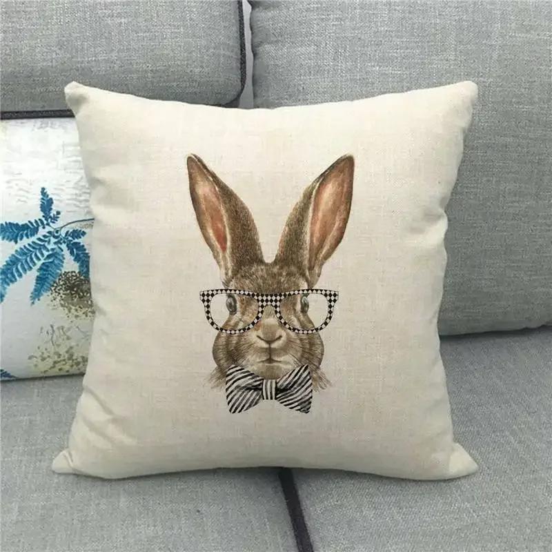 Easter Cushion Cover Cute Bunny Eggs Printed Pillow Covers 18x18 Inches Easter Decorations Hare Rabbit Flower Linen Pillowcase