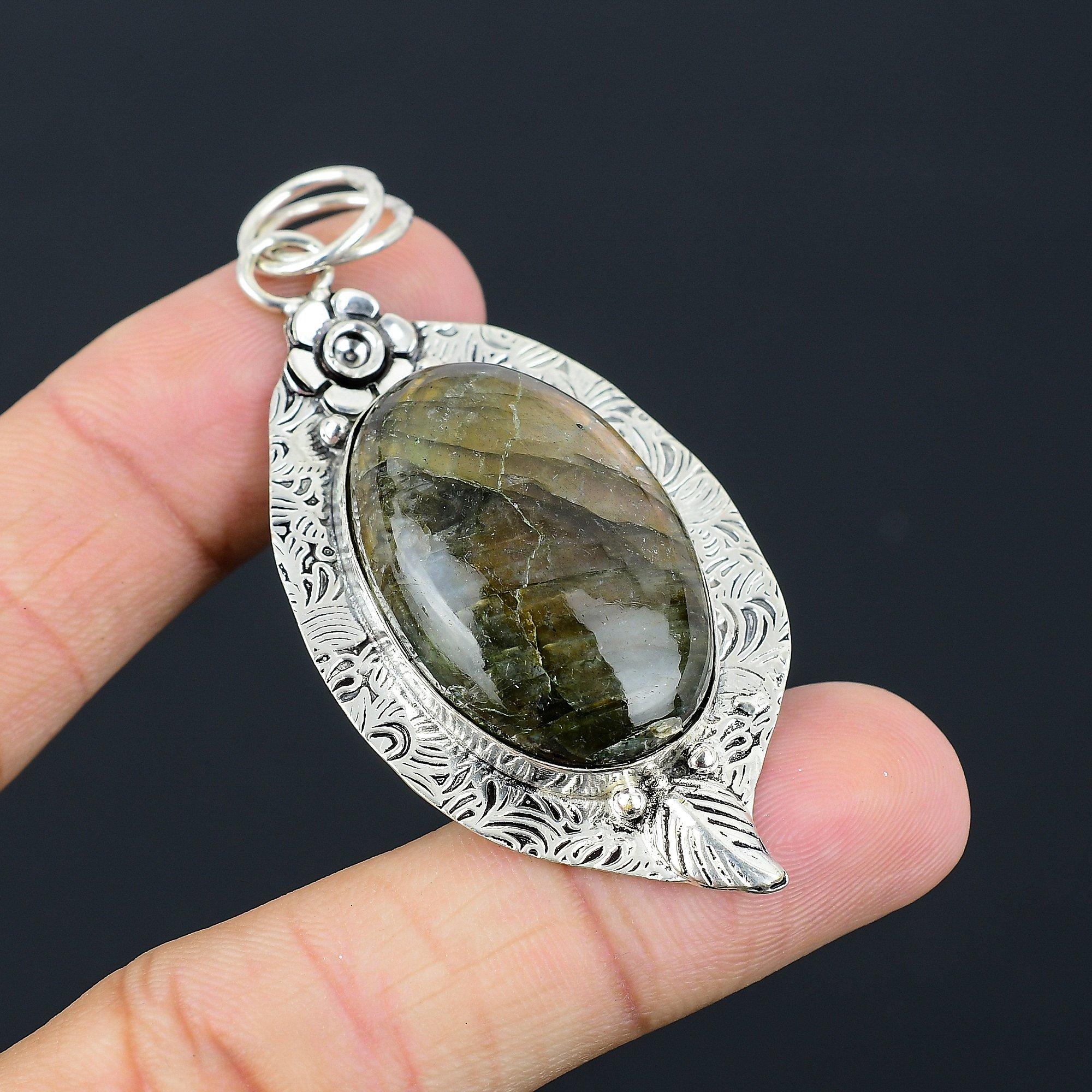 Natural Labradorite Gemstone Pendant Flower 925 Sterling Silver Indian Jewelry