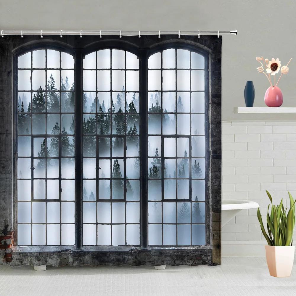 

Vintage Window Shower Curtain Retro Nature Forest Waterfall Ocean Landscape Rustic Farm Truck Bathroom Curtains Decor With Hook W60H190(CM)-1 Pcs