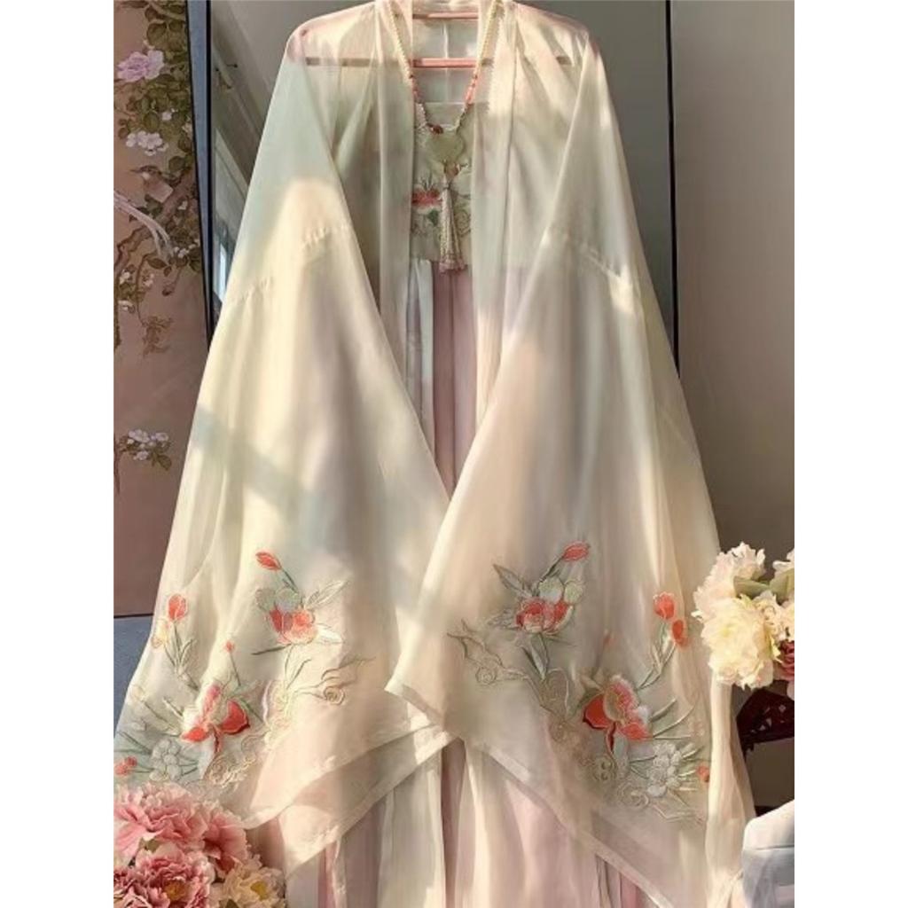 Chinese Tang Dynasty Style Hanfu Embroidered Large Sleeve Shirt HE ZI Skirt Daily Suit For Women
