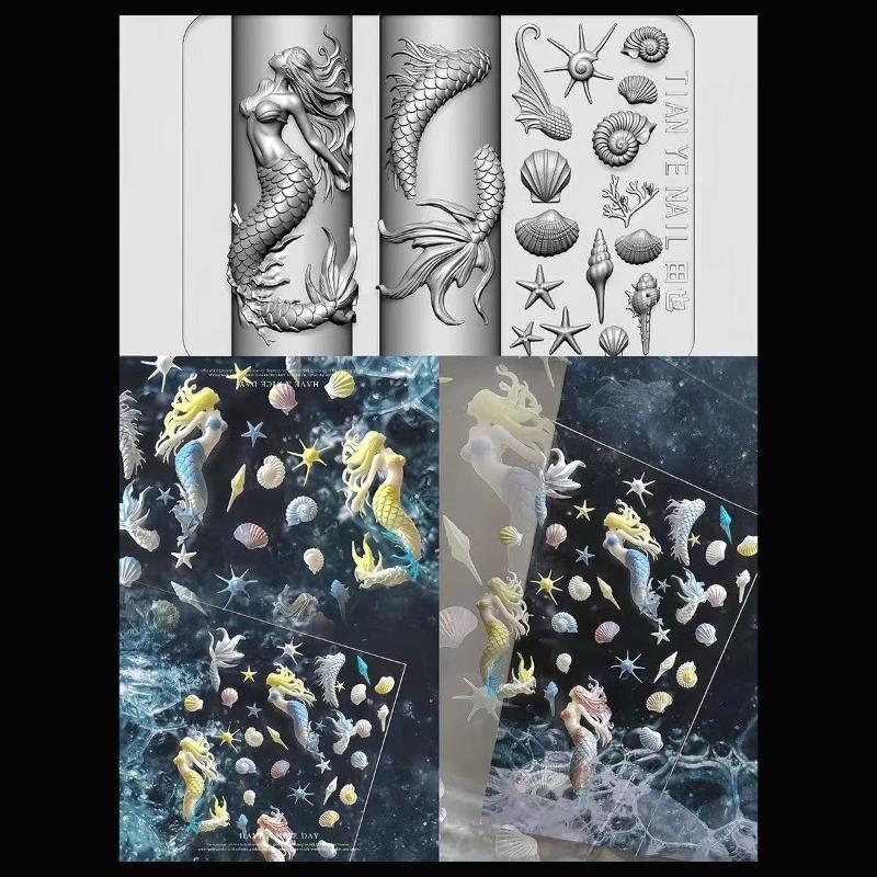 3D Soft Silicone Nail Ocean Mermaid Templates Nail Art Mold Goldfish Koi Buttonscarves Cartoon Template For Nail Diy Accessories