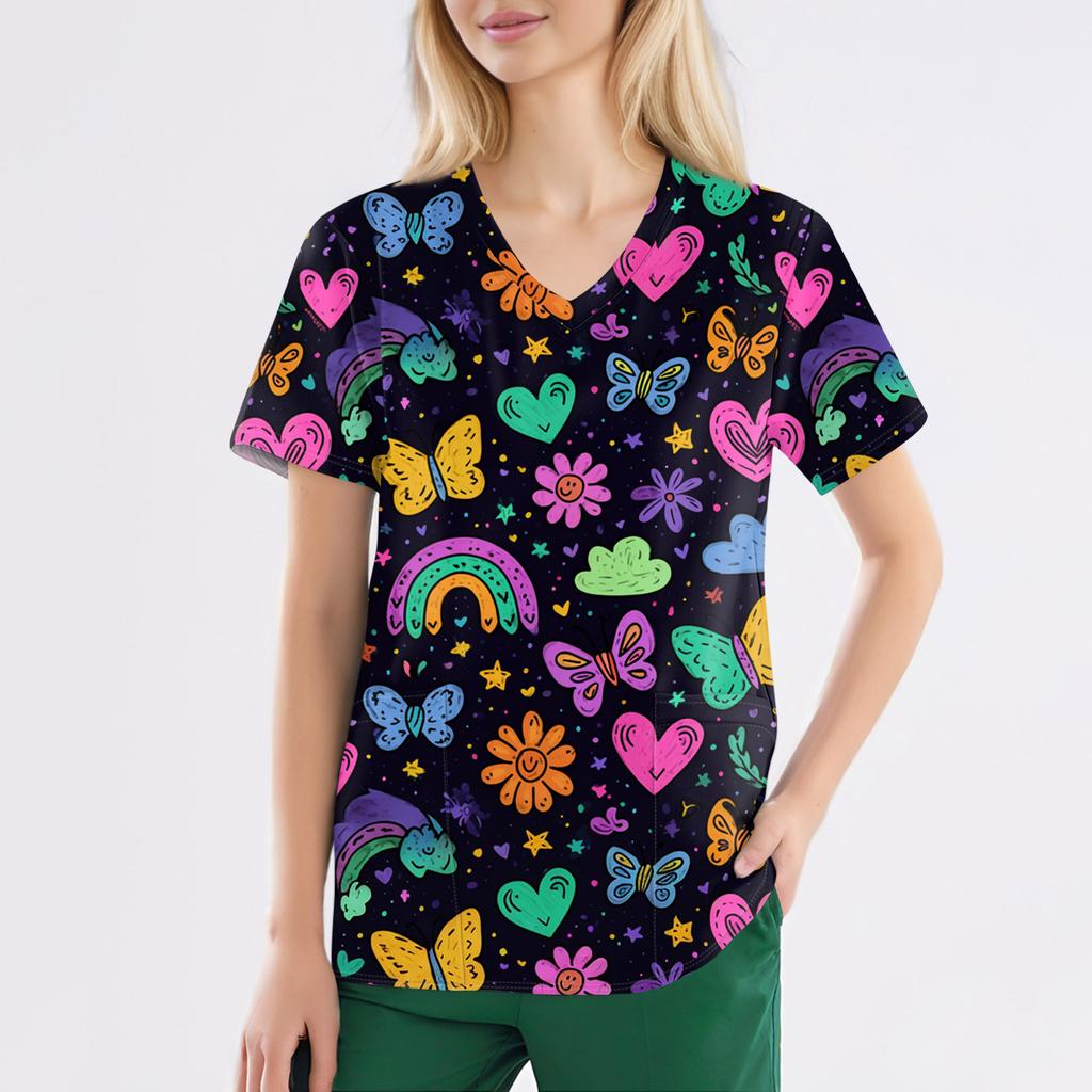 Women's Fashion V-Neck Short Sleeve Overalls With Pockets Print Tops Clothes