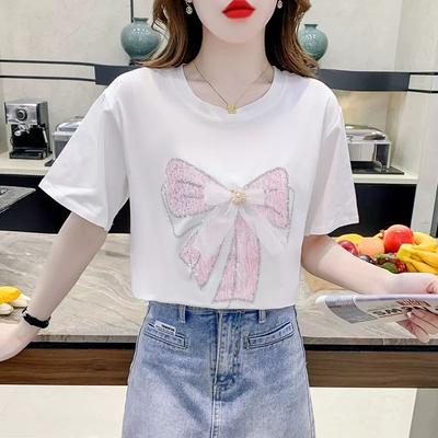 Camiseta de Manga Curta de Algodão Puro com Nó de Borboleta Hot Stamping para Verão Feminino Novo Top Niche Solto