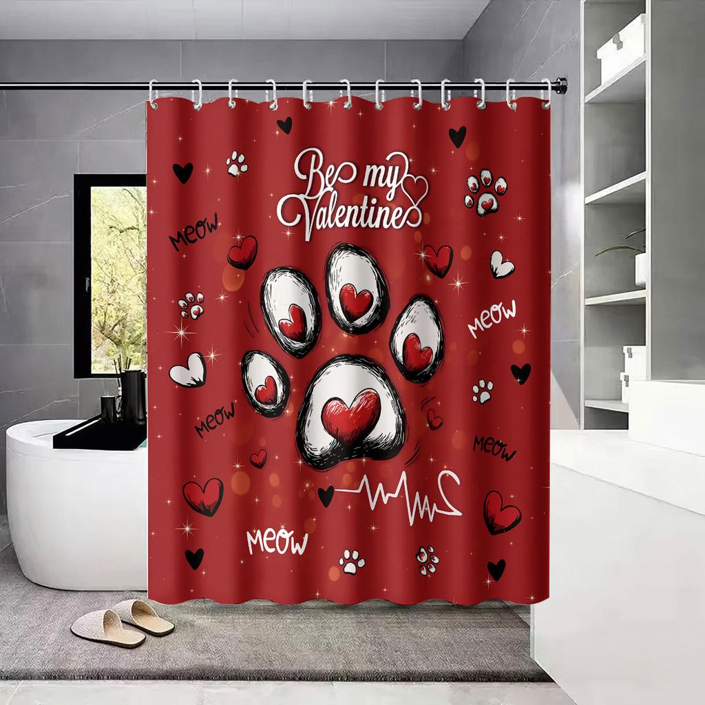 1pc Valentine's Day Romantic Red Cat Claw Print Waterproof Privacy Shower Curtain with 12 Hooks, Multiple Sizes, Easy to Install