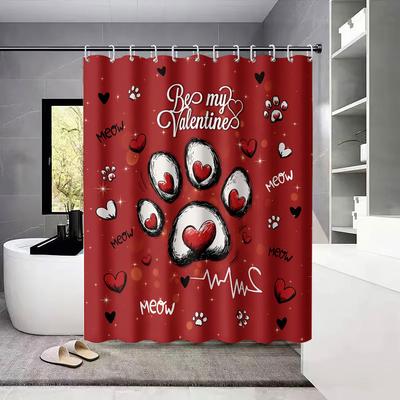 1pc Valentine's Day Romantic Red Cat Claw Print Waterproof Privacy Shower Curtain with 12 Hooks, Multiple Sizes, Easy To Install