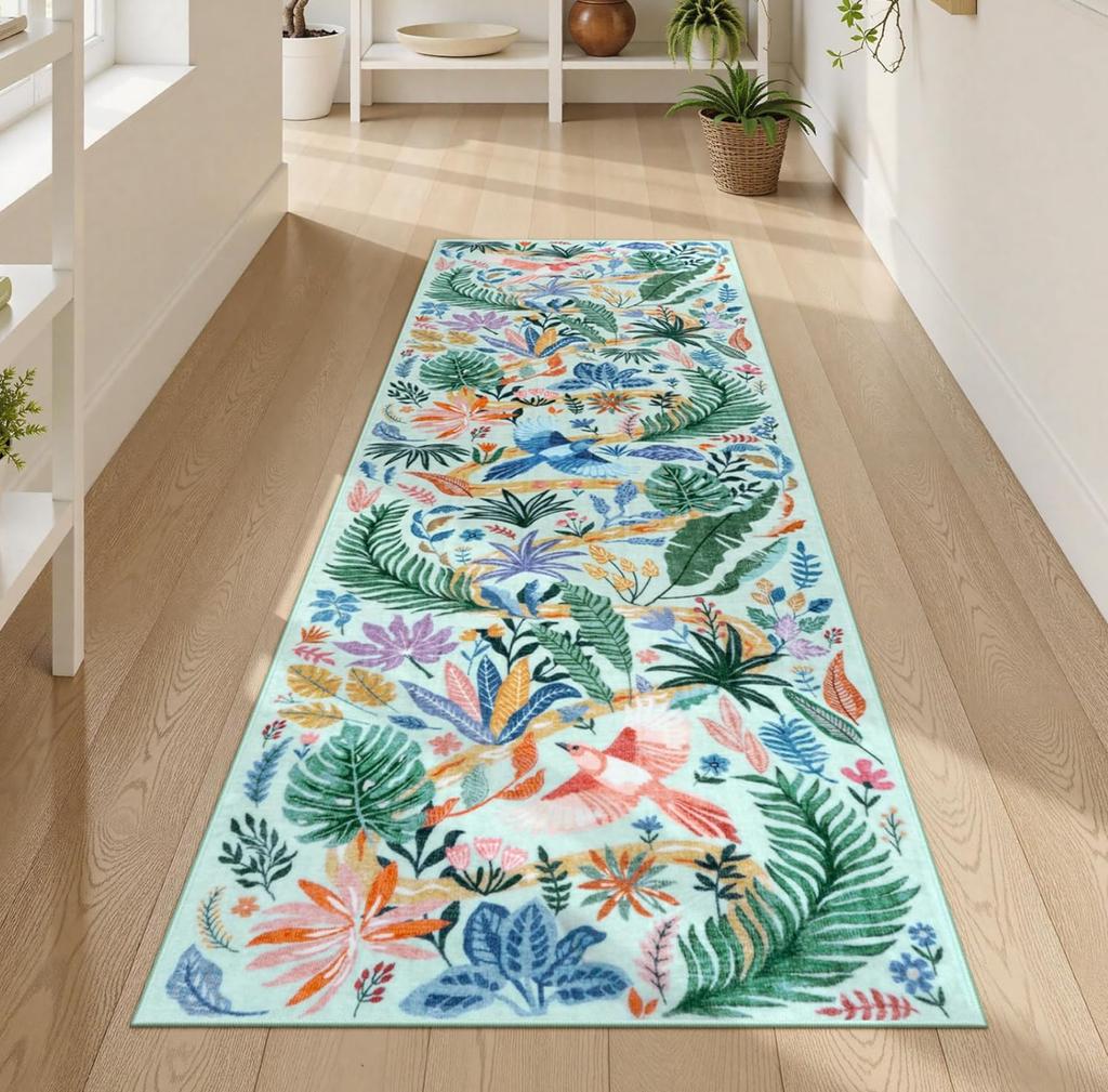 Alfombra de Pasillo Antideslizante Lavable con Diseño de Planta Tropical y Flor Patrón de Pájaro Colorido Felpudo para Cocina Pasillo Pasillo Decoración Alfombra de Suelo