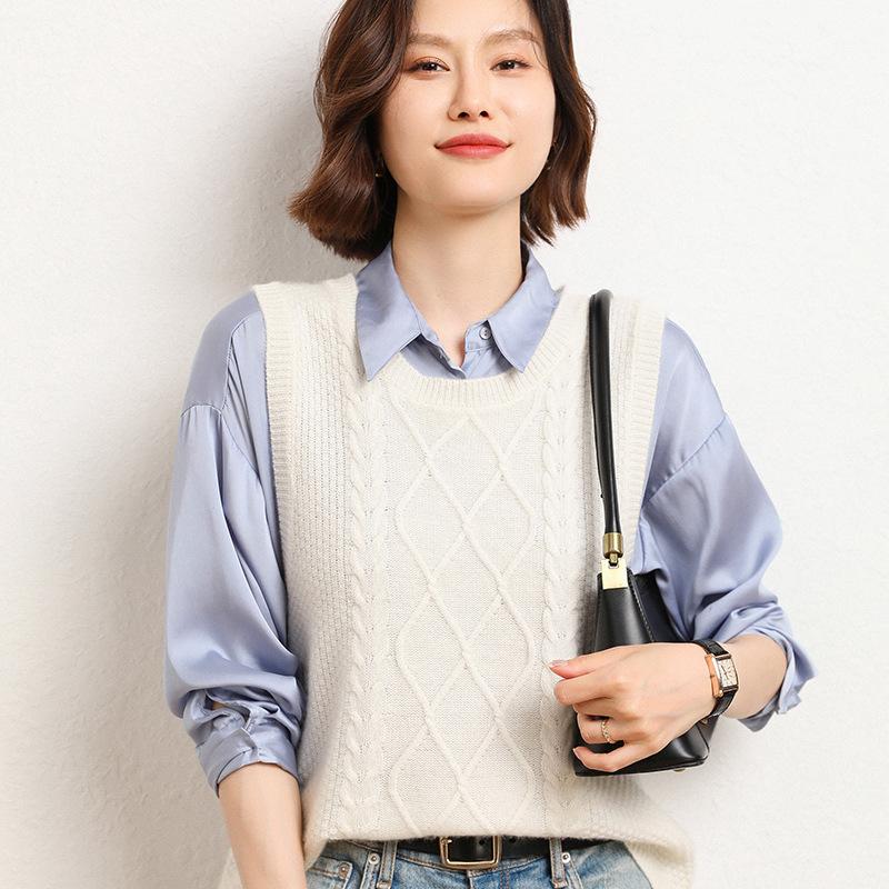 

Кардиган-жилет жаккардовой вязки с круглым вырезом для женщин на осень и зиму. Новый свободный и универсальный вязаный жилет без рукавов. Теплый топ. XL