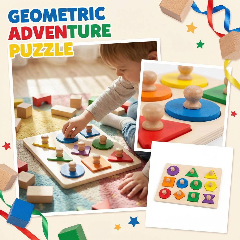 Wooden Geometric Shape Puzzle Board Montessori Educational Toy with Circle Square Rectangle Triangle Oval Pieces for Early Learning