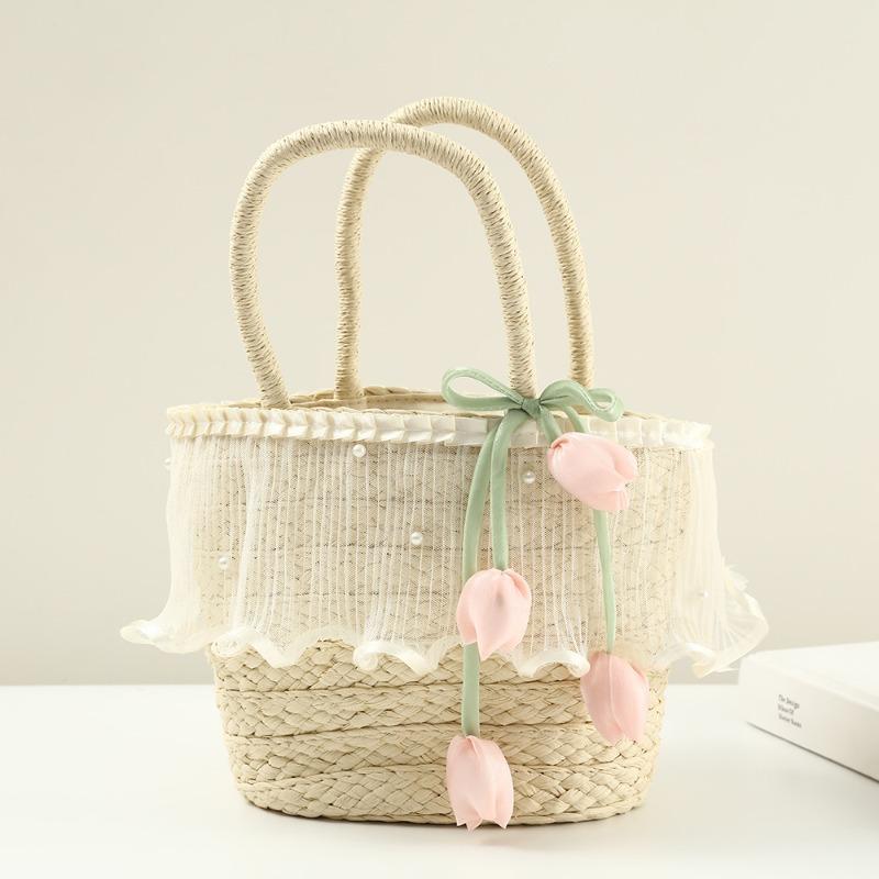 Big Brim Sun Hat Seaside Beach Idyllic Forest Bow Streamer Straw Hat Female Summer Flower Tulip