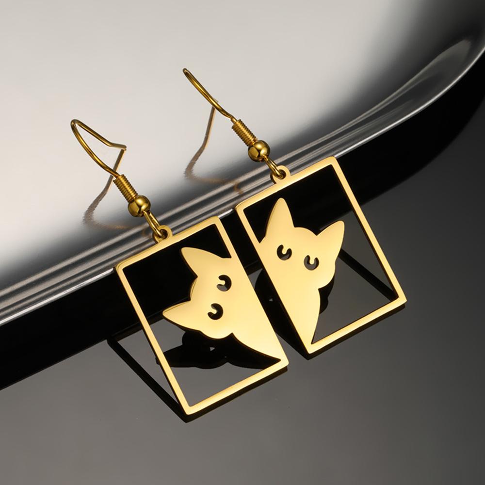 My Shape Cute Cat Earrings for Women Girls Stainless Steel Rectangle Shaped Cat Kitten Earrings Animal Fashion Jewelry Gifts